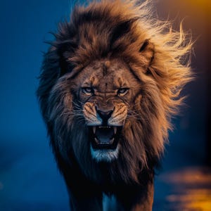以下が含まれることがあります： ドラマチックなローアングルショットで捉えられた、たてがみのある猛々しいライオン。ライオンの口は咆哮し、牙をむき出しにしている。背景は濃い青色で、わずかに黄色の光が差している。