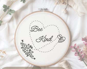 Bee Kind Embroidery Pattern PDF – Bee & Rose Floral Design-Beginner Friendly Digital