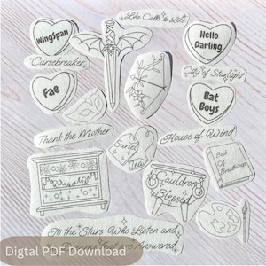 May include: A collection of black and white fabric patches with various designs and text, including hearts, a sword, a shield, and a dresser. Text includes "Wingspan", "Fae", "Bat Boys", and "Digital PDF Download".