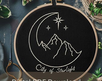 Fantasy Moon Mountain Embroidery Pattern PDF – Celestial Stick & Stitch Digital