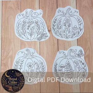Patrón de bordado PDF de calabaza botánica caprichosa con palitos y puntadas, estilo cottagecore, calabazas otoñales, setas, caracoles y polillas (descarga digital).