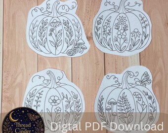 Whimsical Botanical Pumpkin Stick & Stitch Embroidery Pattern PDF Cottagecore Fall Pumpkins Mushroom Snail and Moth accent(Digital Download)