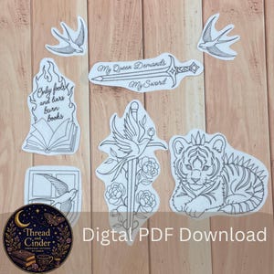 May include: A collection of black and white line art embroidery patterns featuring two swallows, a sword with the text My Queen Demands My Sword, a book in flames with the text Only fools and liars burn books, a bird on a sword with roses, and a tiger.