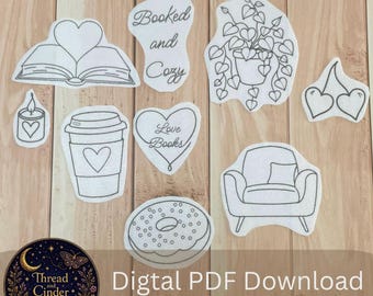 Book Lover Cozy Stick & Stitch Embroidery Pattern PDF Coffee, Plants,Chair,Candle,Cherry ,love Books,Book with heart and Donut Digital