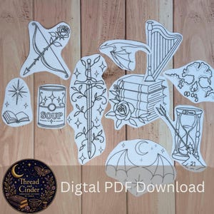 May include: A collection of black and white line art embroidery patterns featuring a bow and rose, a soup can, a sword with vines, a harp, a stack of books with a rose, a skull, an hourglass, and a bat wing design with a crescent moon.