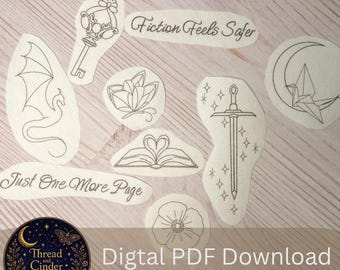 Fantasy Book Embroidery Stick & Stitch Patterns PDF, Dragon, Sword, Moon paper crane paper,key,butterfly,poppy flower(Digital Download)