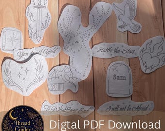 Fantasy Romantasy Bok Stick & Stitch Broderimönster PDF Konstellation Hjort, Flamingsword, Hök, Eldhjärta, Wyvern, horn, Du ger dig inte