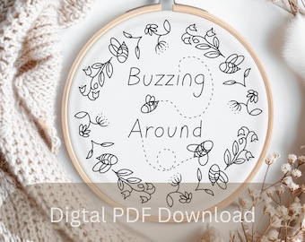 Buzzing Around Bee Floral Wreath Embroidery Pattern PDF – Beginner Friendly Digital