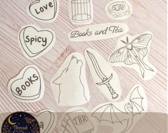 Fantasy Book Stick & Stitch Embroidery Pattern PDF,  Dragon, Dagger, Wolf ,Luna Moth , Candy Heart ,Bird cage,Soap(Digital Download)
