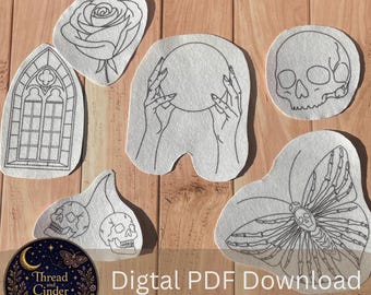 Dark Academia Gothic Stick & Stitch Embroidery Pattern PDF – Skull, Bone Moth ,Crystal Ball, Cherry skulls, window, Rose (Digital Download)
