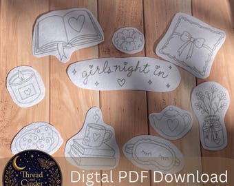 Tjejkväll i Stick & Stitch Broderi Självvårdsmotiv Mönster PDF-bok Teljuskudde Scrunchie kakor Sovmask Tekannablommor