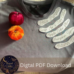 May include: A grey crewneck sweatshirt featuring five white fabric strips with embroidered text reading Hello Pumpkin, Crisp Air & Cozy Clothes, Apple Cider Please, Pumpkin Spice, and Autumn Vibes, alongside a red and an orange velvet pumpkin.