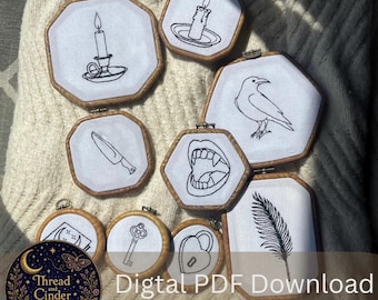 Dark Academia Stick & Stitch Embroidery Pattern PDF – Vampire Teeth, Crow, Key, Spell Book,candle,lock ,knife, feather (Digital Download)