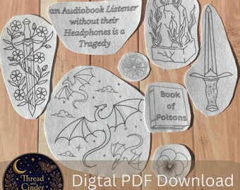 Fantasy Book Stick & Stitch Embroidery Pattern PDF – Dragons, Sword , Dagger, violet, ward stone ,book of poison, orange (Digital Down)