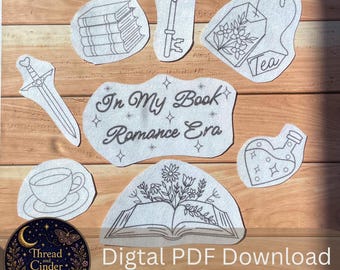 In My Book Romance Era Stick & Stitch Embroidery Pattern PDF Books, Sword and Heart Key,Potion,flower,Tea bag,Coffee cup(DigitalDownload )