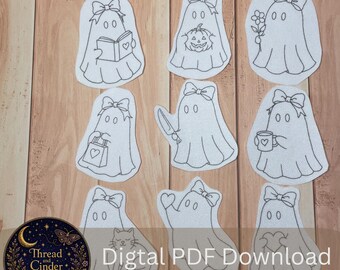 Cute Ghost Stick & Stitch Embroidery Pattern PDF – 9 Whimsical Bow Ghosts, Halloween, Book Lover and Fall Designs (Digital Download)