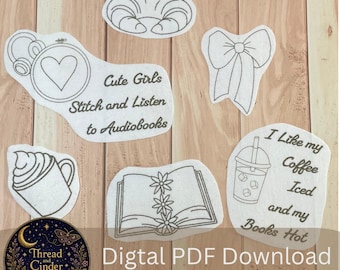 Book Lover Cute Girl Stick & Stitch Embroidery Pattern PDF Hot chocolate,Ice Coffee, Croissant,Floral Books , Bow Motifs(Digital Download)