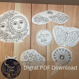 Könnte beinhalten: Eine Sammlung von Schwarz-Weiß-Stickmustern auf weißem Stoff mit Sonne und Mond mit Blumen, Wolken, einem Mondsichelgesicht, einem Schmetterling mit Mondphasen, Sternen und einer Pusteblume. Enthält den Text Digital PDF Download.