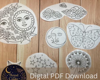 Whimsical Celestial Stick and Stitch Embroidery Pattern PDF Flower Moon  Sun, Butterfly moon phase , Stars, Clouds ,Dandelion Motifs