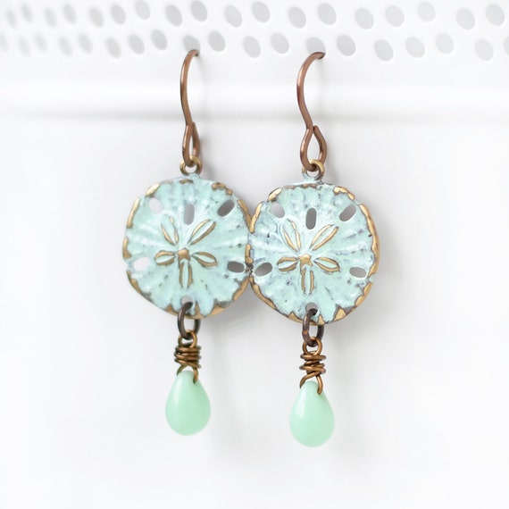 Items similar to Sand Dollar Earrings, Aqua Green Beach Earrings, Sand