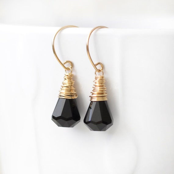 Items similar to Black Gold Filled Earrings, Swarovski Crystal Drop ...