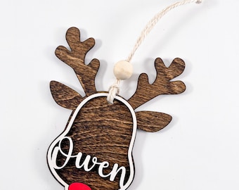 Reindeer Name Ornament | Rudolph Ornament, custom kids ornament, winter animal decor, gift for grandkids, red nose reindeer, stocking tag