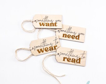 Want, Need, Wear, Read tags for gift giving | minimalist christmas, waldorf, montessori, wooden gift, natural gifts, reusable labels, tags