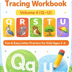 Puede incluir: Un cuaderno de trabajo de trazado del alfabeto para niños de 4 a 6 años. La portada muestra el título "Alphabet Tracing Workbook" y "Volume 4 (Q-U)". Ilustraciones de las letras Q, R, S, T y U. Se muestra un lápiz amarillo.