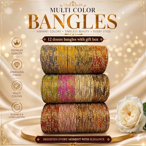 May include: Stacked display of colorful bangles. The image features three stacks of bangles in various colors, including gold, red, yellow, and pink. The text reads "Multi Color Bangles" and "12 dozen bangles with gift box". The bangles have a sparkling finish.