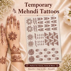 May include: A sheet of temporary mehndi tattoos featuring brown intricate floral and geometric patterns. The sheet displays various designs including mandalas, finger accents, and wrist bands. The text Temporary Mehndi Tattoos is visible.