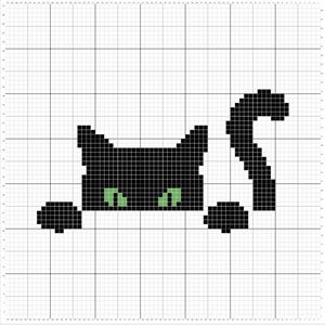 May include: A black pixelated cat design with green eyes, paws, and tail. The cat is partially visible, as if peeking from behind something. The design is created using a grid pattern, resembling cross-stitch or pixel art.