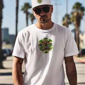 May include: White t-shirt with a colorful graphic design and a white baseball cap. The graphic on the shirt and cap features a central figure surrounded by green, yellow, and blue elements. The person is wearing sunglasses.