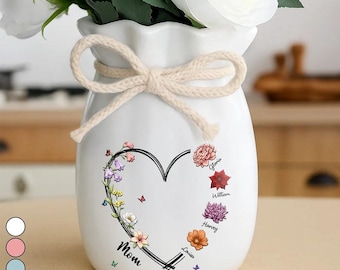 Jarrón de flores personalizado con lazo para el Día de la Madre, para mamá, recuerdo floral del mes de nacimiento, mamá, abuela, cariño, jarrón de flores con lazo