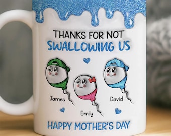Personalized Thanks For Not Swallowing Us 3d Mug, Funny Mother's Day Gift, Mom Mug with Names, Rude Gag Gift for Her, Sarcastic Mother Gift