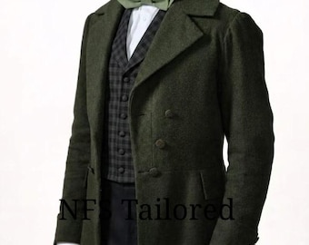Victorian Green Frock Coat Men's Regency Tailcoat Historical Costume Vintage Wedding Outfit