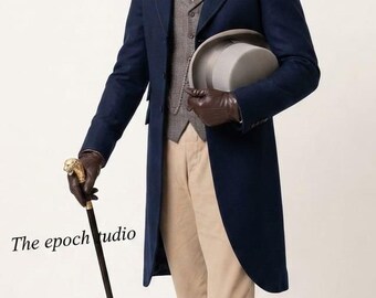Regency Tailcoat Men Blue Wool Frock Coat Historical Victorian Tuxedo Bespoke Groom Wedding Suit