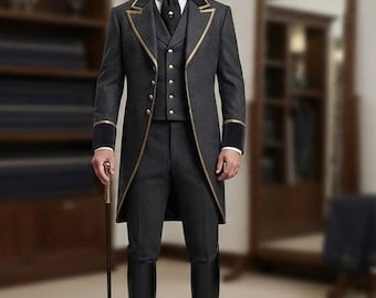 Dark Charcoal Grey Wool Morning Suit with Gold Piping Bespoke Victorian Tailcoat Equestrian Attire
