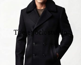 Men's Vintage Black Wool Overcoat Long Pea coat Tailored Winter Hunting Jacket Outerwear