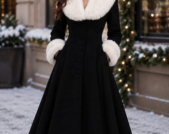 Elegant Black Winter Coat Dress with White Fur Collar, Vintage Long Sleeve Women Coat