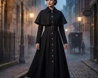Victorian Black Steampunk Wool Coat • Gothic Inverness Cape Overcoat • LARP Cosplay