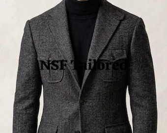 Men Tweed Field Jacket Wool Herringbone Blazer Vintage Hunting Coat Winter Sport Coat Outwear