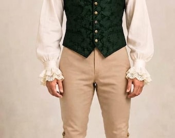 Men's Regency Outfit Bottle Green Waistcoat Ruffle Shirt Breeches Historical Wedding Custom Suit