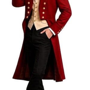 May include: A ringmaster costume featuring a long red tailcoat with gold buttons, a cream-colored vest, a white collared shirt, black trousers, and a black top hat. The ensemble includes a dark velvet collar detail on the red coat and black shoes.