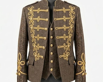 Bespoke Men’s Brown Tweed Hussar Jacket - Gold Braided Military Officer Blazer with Waistcoat