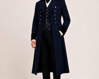 Men's Victorian Blue Wool Coat, Regency Tailcoat, Gothic Formal Overcoat, Historical Reenactment Jacket