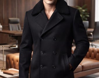 Men's Black Wool Long Coat Men Winter Trench Coat Hunting Jacket Bespoke Outerwear
