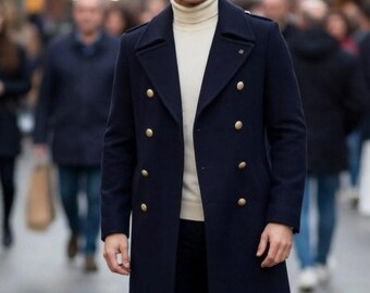Men's Navy Wool Military Trench Coat – Slim Fit Double Breasted Gold Buttons