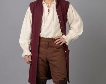 Men's Renaissance Pirate Costume Set, Medieval Vest Waistcoat & Pioneer Shirt Outfit, Viking LARP Cosplay