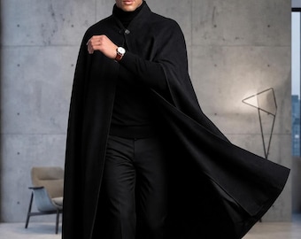 Men’s Long Black Wool Cape | Victorian Inverness Cloak | Gothic Outerwear | Bespoke Winter Coat