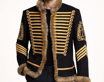 Handmade Men's Black Hussar Jacket - Gold Braid Military Pelisse Fur Trimmed Bespoke Officer Coat